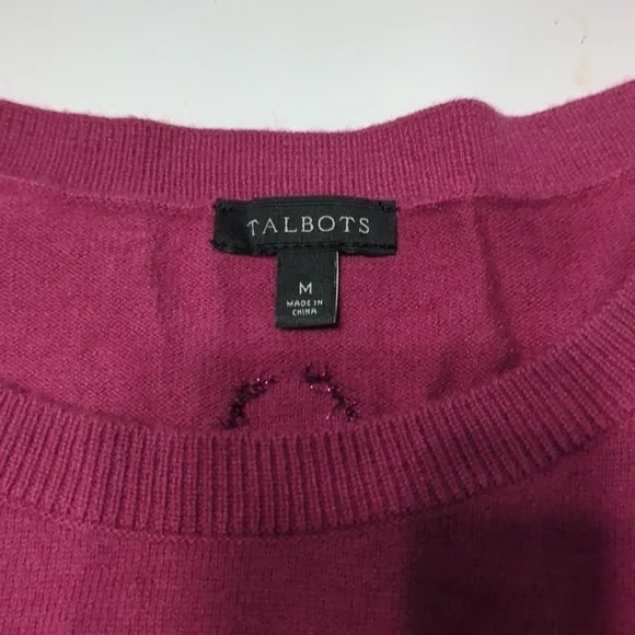Talbots Women's Sweater Tinsel Dot Pink Metallic Lambs Wool Christmas Holiday M - Picture 3 of 9